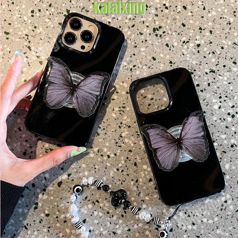 Fashion Mewah Kupu-Kupu Stand Holder Gelang Ponsel Case Kompatibel Untuk iPhone14 13 12 11 Pro Max XR X XS Max 7 8 Plus 7plus Penuh Melindungi Militer-Grade Shockproof Glossy Cover