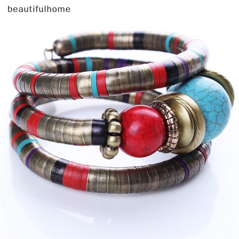 {beautifulhome} Wanita Warna Perak Imitasi Turquoise Boho Adjust Bangles Charm Chic Beads Bracelets.