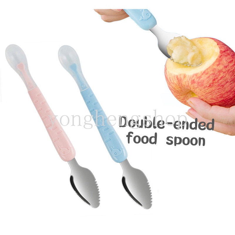 Double-head Fruit Mud Scraper Stainless Steel Fruit Scraping Spoons Silikon Lembut Sendok Suplemen Makanan Sendok Makan Bayi Balita Sendok Garpu