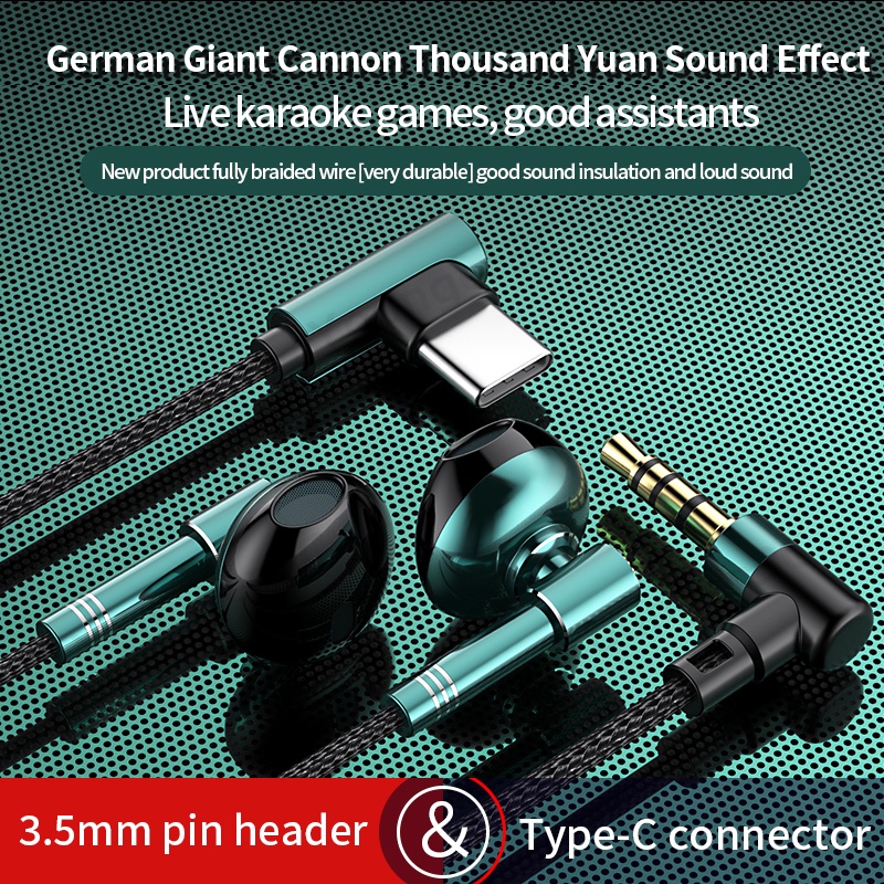 Metal Elbow Plug 3.5mm Type-c Earphone Kabel Setengah In Ear Controled Bass Game Headset Kabel Kontrol Volume Earbud Bass Stereo