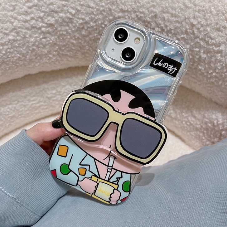 【Sunglasses Shin-chan】So Cool Laser Wave Gradient Silver Airbag SoftCase IPhone 11 12 13 14 Pro Max X XR XS MAX 14 Plus Protect Case girl women's Fashion Cute Phone Case