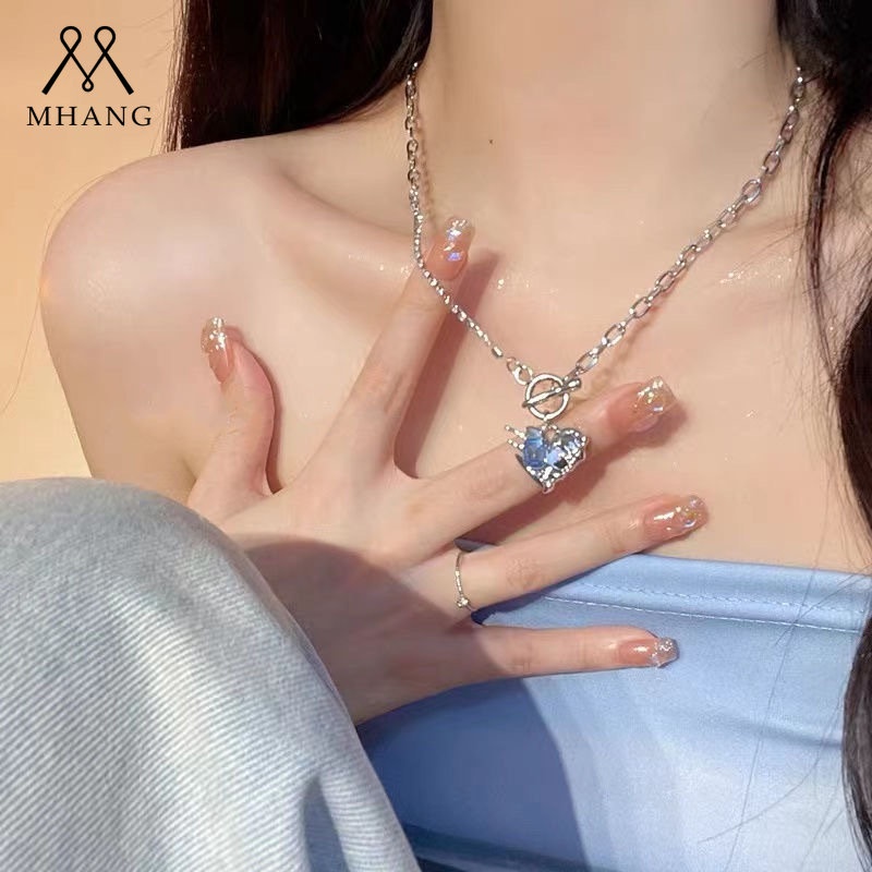 Korea Asimetris Zirkon Biru Cinta Kalung Manis Keren Bumbu Gaya Gadis OT Logam Rantai Klavikula Aksesoris Fashion Baru