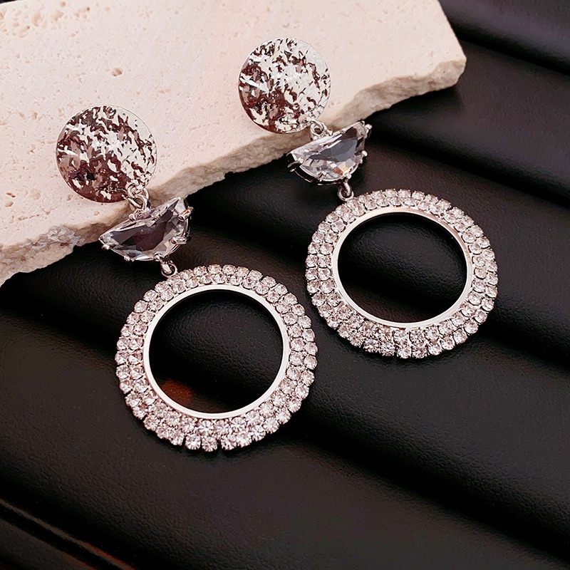 Korea Perak Jarum Lingkaran Berlian Logam Anting Fashion Berlian Imitasi Zirkon Serbaguna Anting Panjang Untuk Wanita