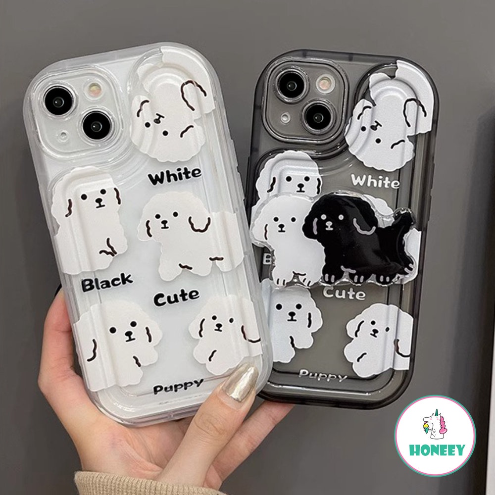 Fashion Hitam Putih Puppy Phone Case Kompatibel Untuk iPhone 14 Pro Max13 12 11 Pro Max Case iPhone 11xr Kartun Berdiri Lembut TPU Penutup Belakang