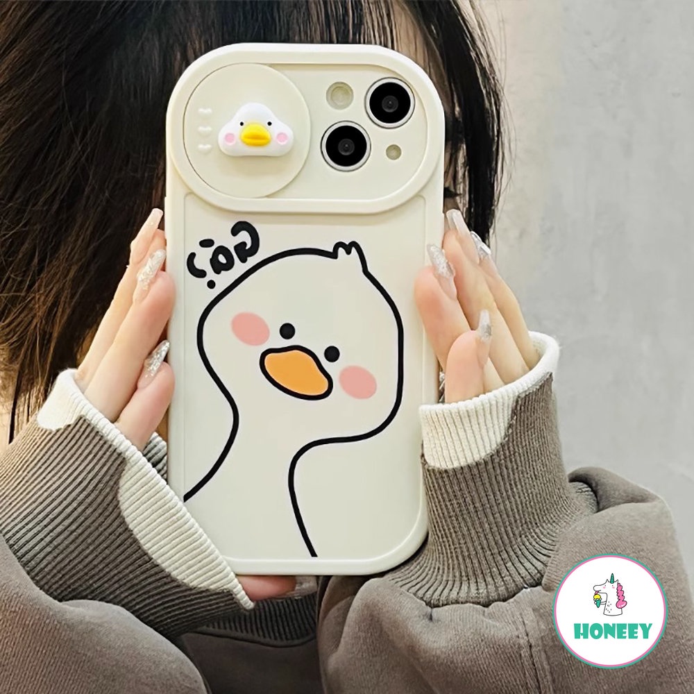 IPHONE Korea 3D Kartun Jendela Geser Pelindung Lensa Ponsel Case Untuk Iphone14 13 12 11 Pro Max X XR Bebek Lucu Silikon Lembut Shockproof Soft Cover