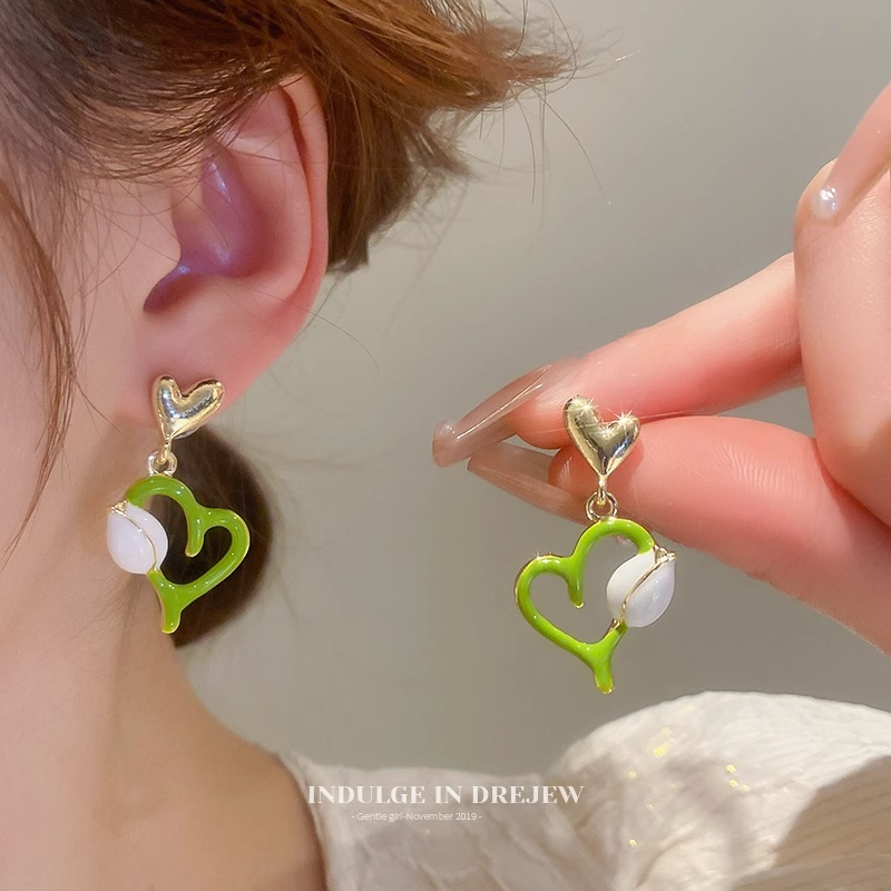 Korea Musim Panas Hijau Gadis Manis tulip Menjuntai Jantung Anting Telinga Studs Aksesori Fashion