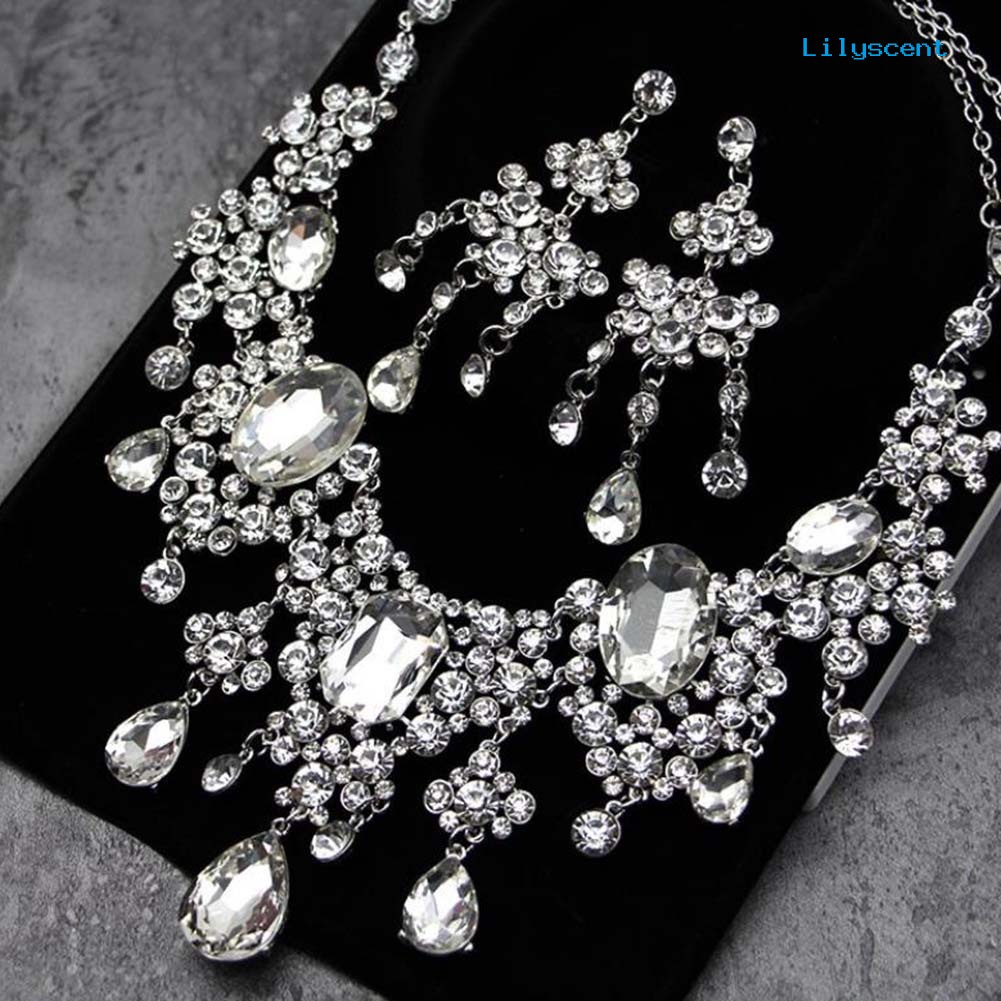 [LS]2Pcs/Set Shiny Full Rhinestone Tassel Bridal Statement Bib Kalung Anting