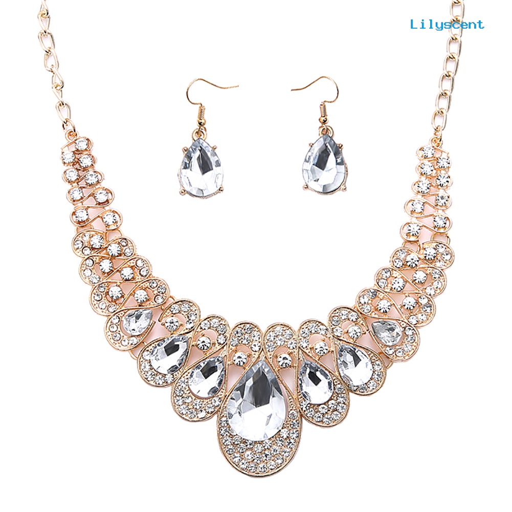 [LS]2Pcs/Set Teardrop Berlian Imitasi Statement Bib Kalung Anting Perhiasan Pengantin Hadiah