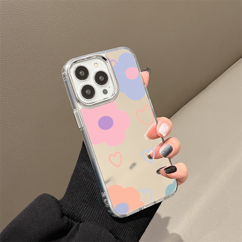IPHONE Casing Ponsel Cermin Bunga Pink Biru Kompatibel Untuk Iphone11 12 13 14 12Pro 13Pro 14Pro Pro Max XR X XS Max Electroplating Tombol Perlindungan Mirror Cover