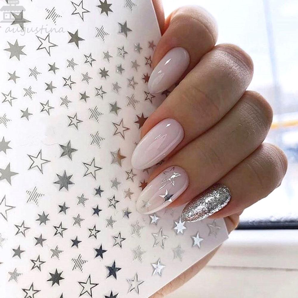 AUGUSTINA Agustinina Nail Art Dekorasi Geometri Indah Sepuhan Kuku Ornamen Perekat Diri Glitter Bintang Nail Foil Decals