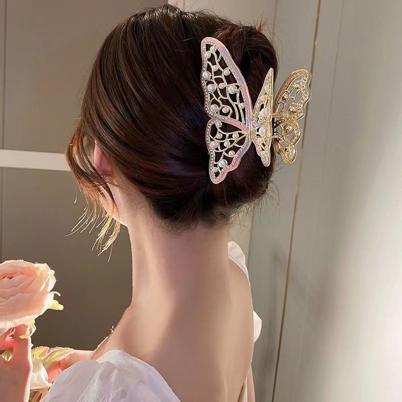 Jedai Logam 9.5cm Kupu Kupu Jepit Rambut Alloy Jumbo dengan Aksen Mutiara Permata Jepit Rambut Salon Diamond Pearl Bahan Besi Metal Motif Butterfly