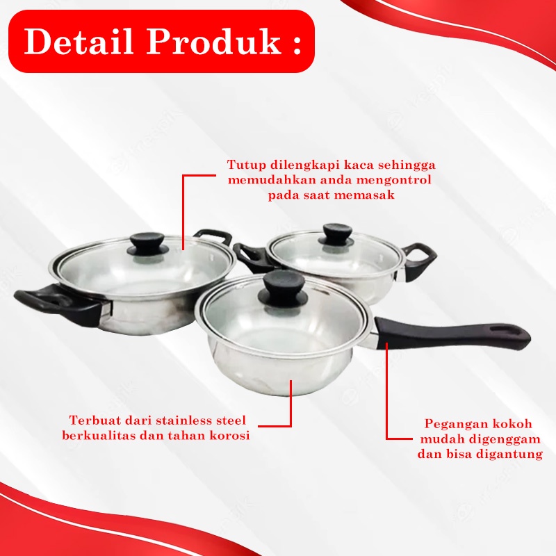 Panci Susu Set 3 Pcs Telfon Stainless Steel 16,18,20cm