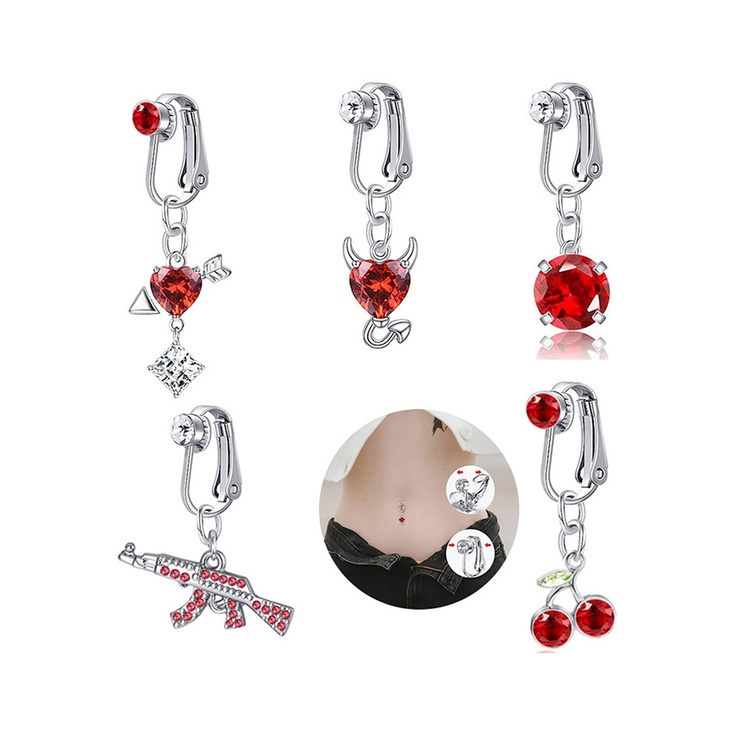 1pc Seri Merah Hati Kristal Pusar Cincin Stainless Steel Shiny Cubic Zircon Pusar Tindik Panjang Liontin Drop Perhiasan Tubuh