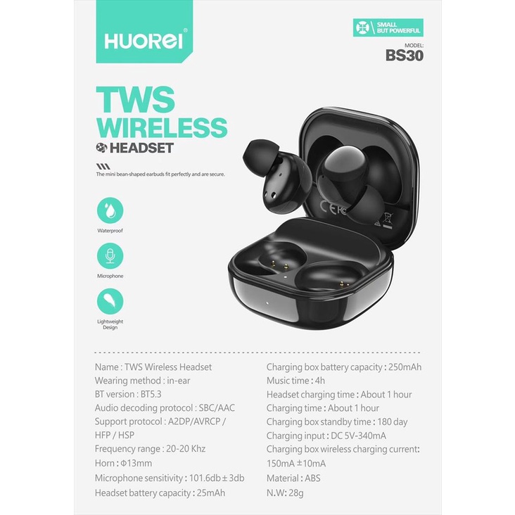 HUOREI BS30 Mini Wireless TWS Earphone Stereo HIFI Sound