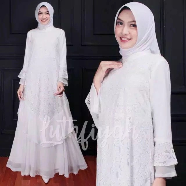 Promo COD Terlaris GAMIS UMROH / GAMIS PUTIH / GAMIS PUTIH POLOS KOMBINASI BRUKAT - Putih, L