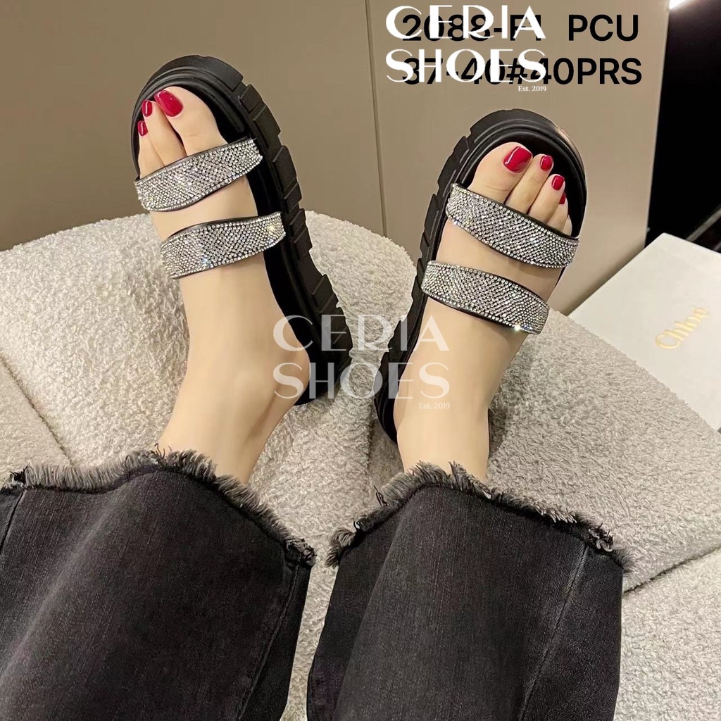 Sandal Slop Wedges Wanita Premium Import Karet Hak Tebal Sol Anti Slip List Double Strap Silver BALANCE 2088