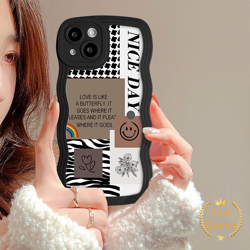 Houndstooth Diamond Pattern Lattice Splicing Flower Case Untuk Redmi 9C NFC A1 10A 12C 10C 9A 9C 10 9 9T Note9 10S 8 10 11 11s Lembut Bergelombang Tepi Pola Kupu-Kupu Splicing Penutup Senyum