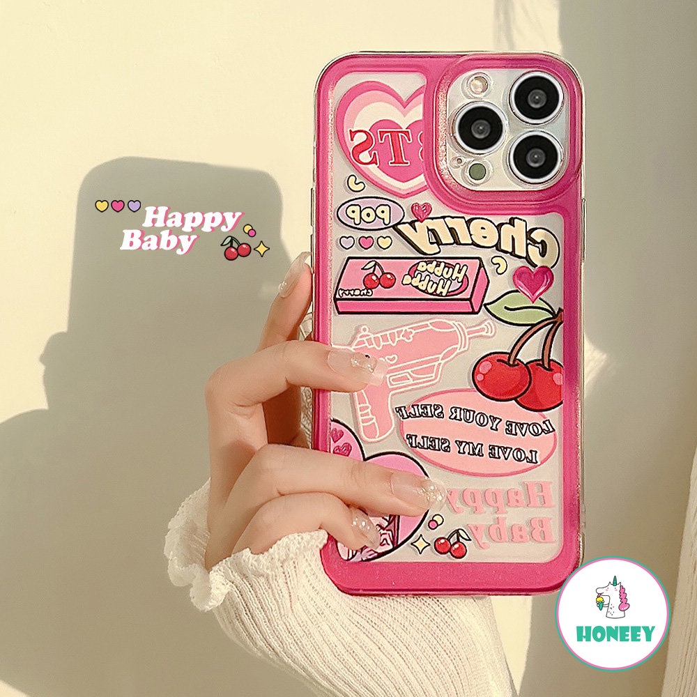 Ins Pink Graffiti Love Cherry Phone Case Kompatibel Untuk Iphone14 Pro Max12 13promax Case iPhone 11xr XS 7 8Plus Bening Lembut Shockproof Back Cover