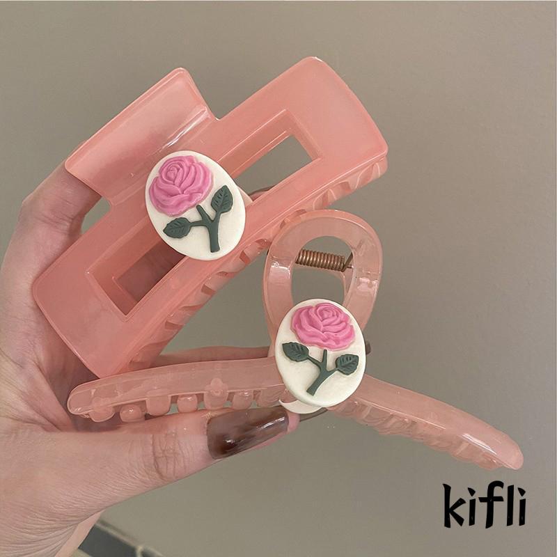 [KD] Hair Claw Clip Pink Rose Flower Elegan Sense Romantis Gaya Perancis Hiu Klip Aksesori Rambut