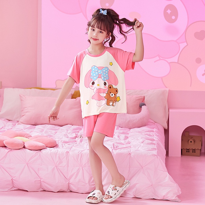 BAJU TIDUR ANAK SANRIO LENGAN PENDEK CELANA PENDEK CINNAMOROLL KUROMI MELODY