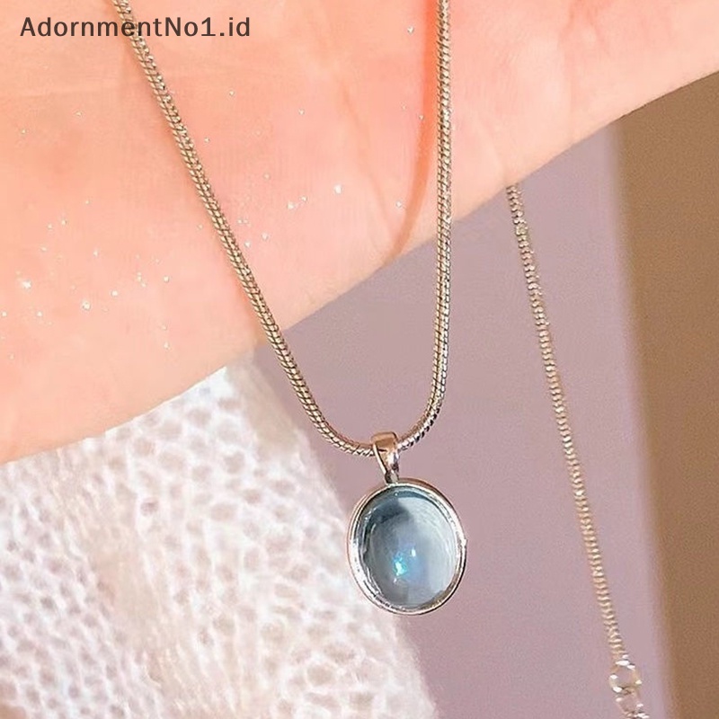 [AdornmentNo1] Fashion warna Silver Blue Moonstone Aquamarine kalung desain unik Oval kristal rantai klavikula untuk teman wanita perhiasan hadiah