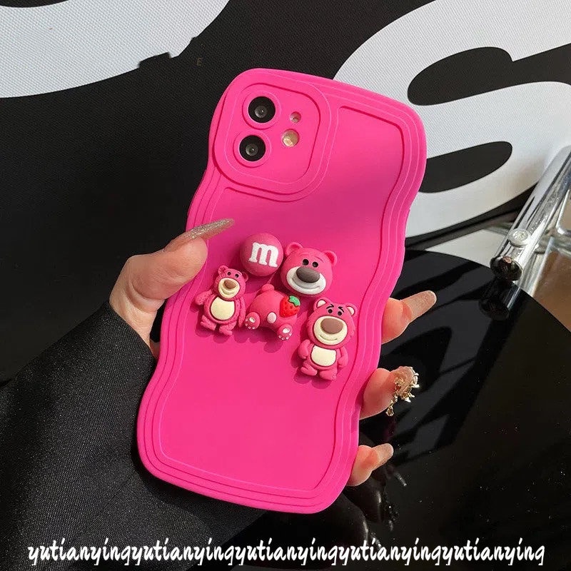 For Redmi 12C A1 A1 9C 10C 9A 9T A2+ A1 A2 10 9 10A  + Note 11 10s 9 10Pro Max 8 9s 11s 10 POCO M3 X3 NFC Mi 11T Pro 3D Strawberry Bear Lotso Wavy Edge with Bead Bracelet Case