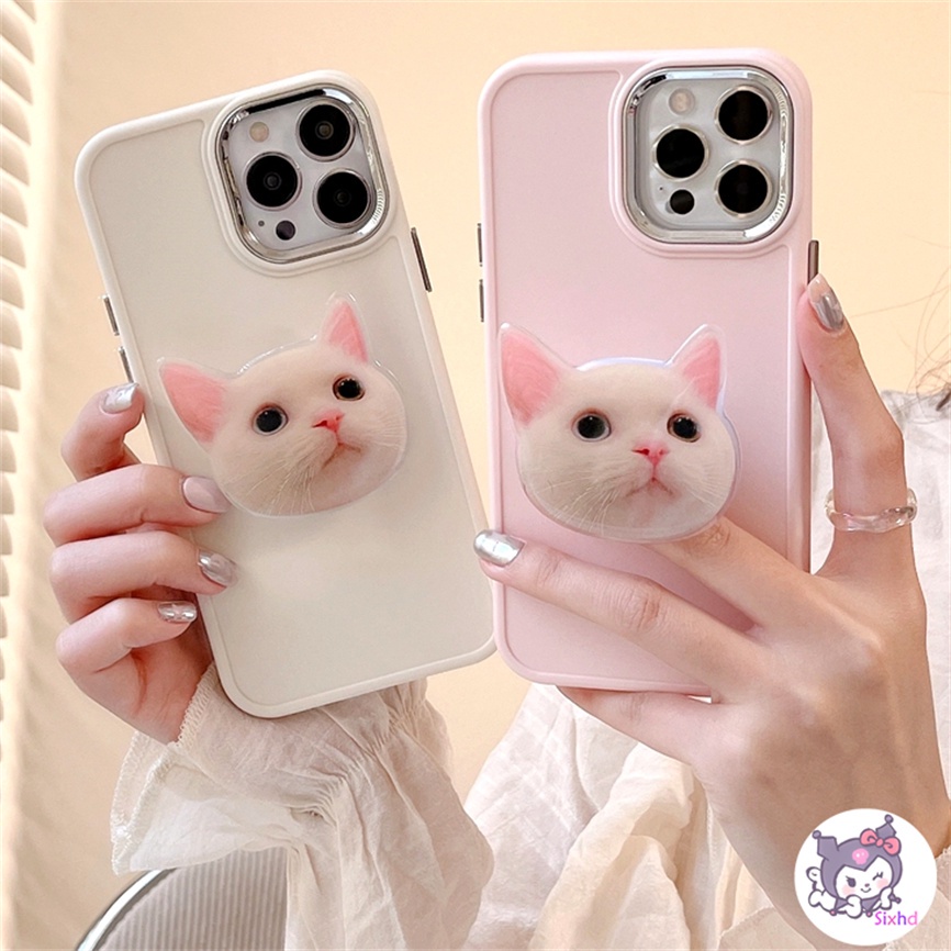 Compatible For iPhone 11 14 13 12 Pro Max 8 7Plus X Xs Xr Xs Max SE2020 Electroplated Lens Frame Protection Cute Cartoon Kitten Fashion Phone Case+Bracket Soft Anti Drop Cover