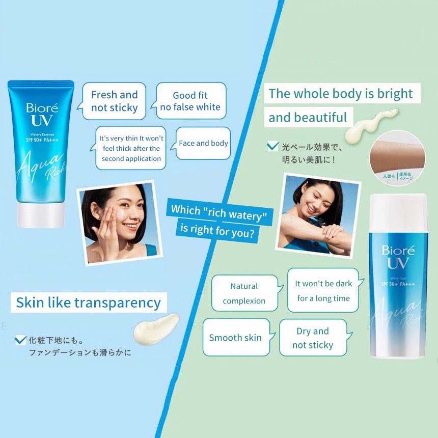 ORIGINAL Biore Sunscreen spf 50 pa ++++ UV Aqua Rich Sunscreen Watery EssenceWaterproof Tube 50 gr Biore Sunscreen 50gr SPF50