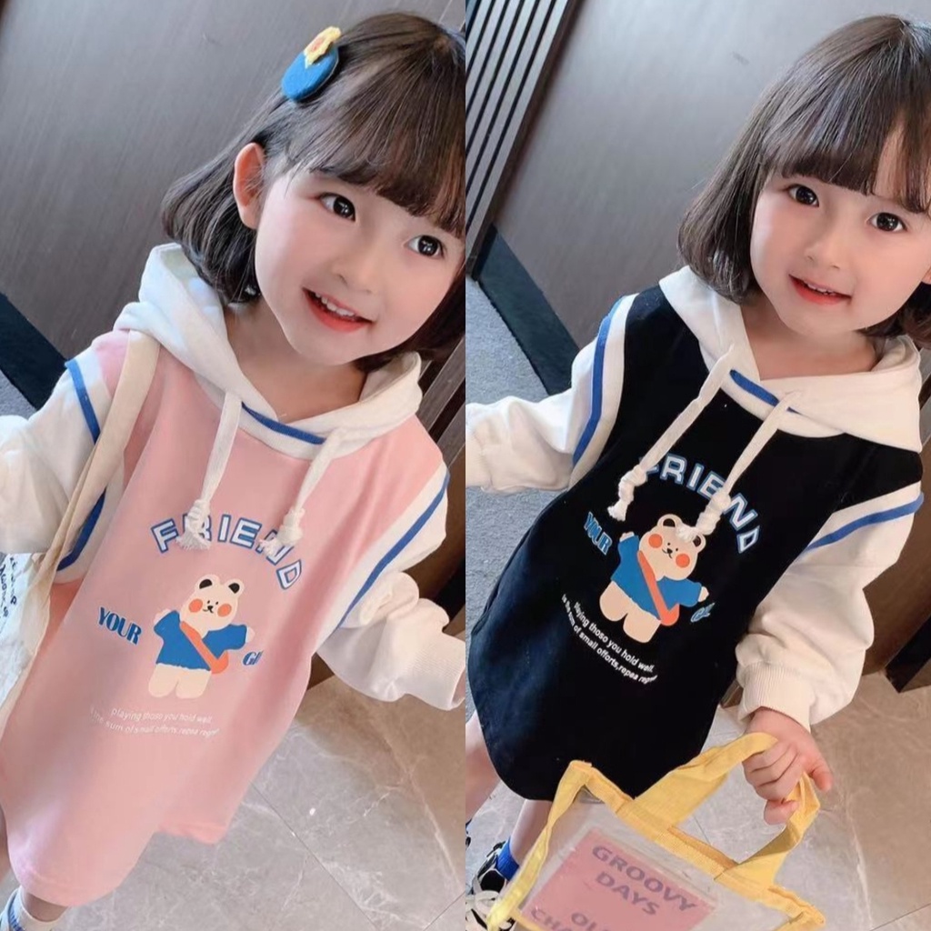 SWEATER DRESS HOODIE ANAK MOTIF BEAR LENGAN PANJANG IMPORT