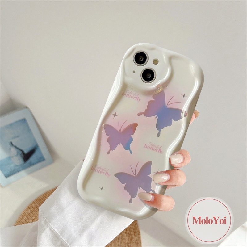 3D Wavy Curved Edge Case Compatible for IPhone 7 6s 6 8 Plus 11 12 14 13 Pro Max XR XS X Max SE 2020 INS Korean Glitter Fantasy Butterfly Case with Pearl Chain Lanyard Cover