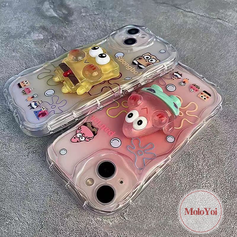 Cartoon Couples 3D Wavy Curved Edge Case Compatible for iPhone 11 13 12 14 Pro Max 7 6 6s 8 Plus XR X XS Max SE 2020 DIY Cute Spongebob Patrick Star 3D Steric Doll Stand Soft Cover