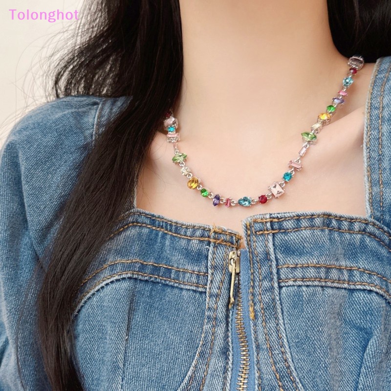 Tolonghot&gt; Trendy Sederhana Manis Keren Permen Berwarna Kristal Hujan Zirkon Kalung Rantai Klavikula Geometris Untuk Wanita Fashion Perhiasan well