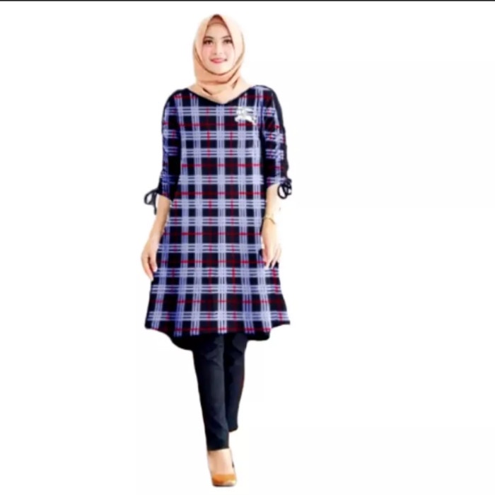 Promo Spesial Terbatas Baju Tunik Muslim Wanita Lengan Panjang Kotak Kotak Kuda - Navy, XXXL