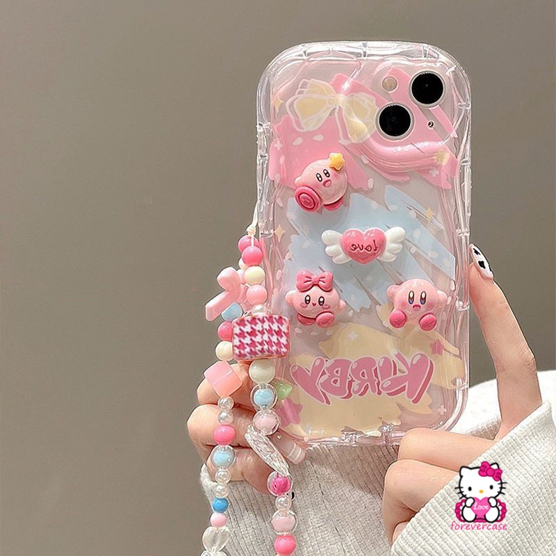 Kartun Lucu Kirby Boneka Case Untuk Redmi 9C NFC A1 10A 10C 9T 9A 9 10 A2 Redmi Note11 12 10s 8 9 11s 10 Pro Max POCO M3 Lanyard 3D Wavy Curved Edge Case Dengan Gelang