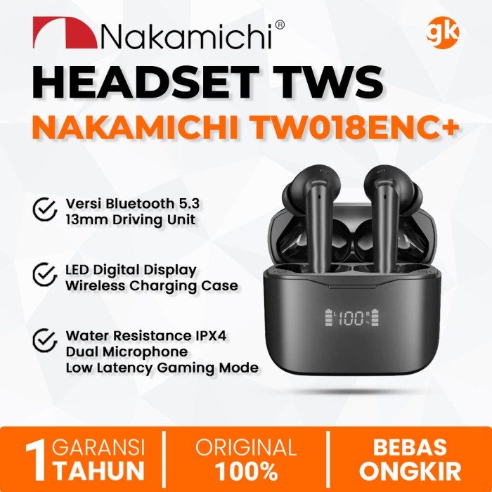 NAKAMICHI Headset TWS Bluetooth Wireless TW018ENC Plus / TW018ENC+ Earphone Earbuds LED Display Wireless Charging