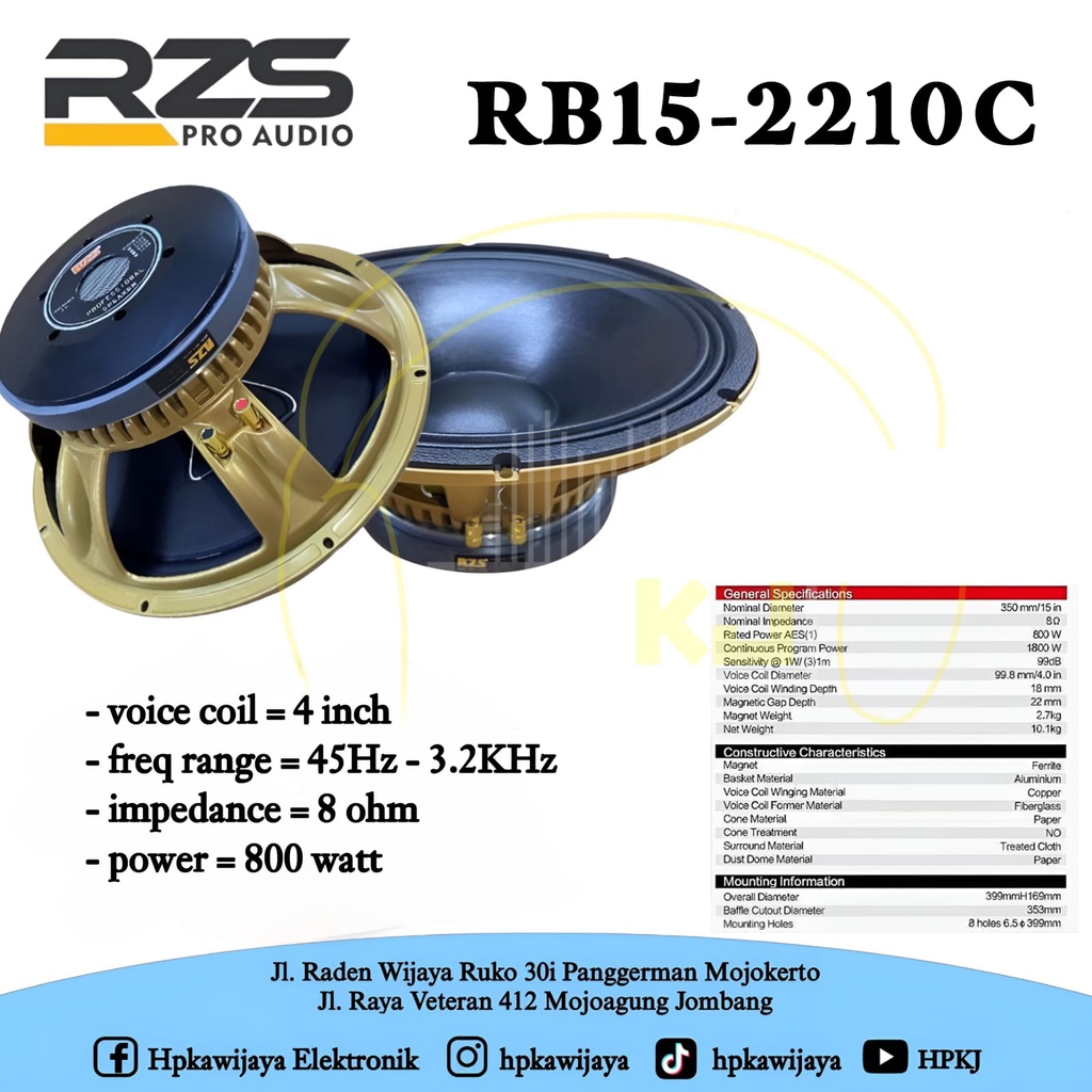 SPEAKER KOMPONEN RZS PRO AUDIO RB15 - 2210C Speaker RZS RB15-2210C