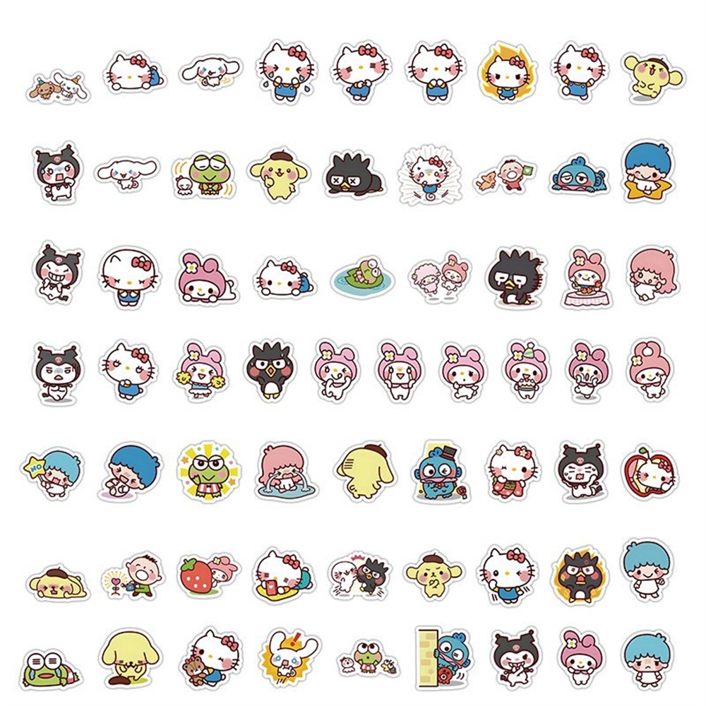 ღ 64Pcs Sanrio Grafiti Stiker Lucu Melodi Kuromi Puding Anjing Hello Kitty Kucing Kartun Koleksi Termal Piala Ponsel case Dekorasi Aksesoris