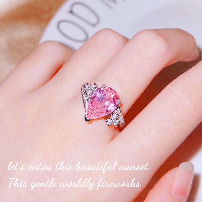 Goldkingdom Fashion Perhiasan Aksesoris Ready Stock Mewah Argyle Merah Muda Berlian Mahkota Cincin Aquamarine Karbon Tinggi Berlian Berbentuk Pir Caibao Pembukaan Cincin