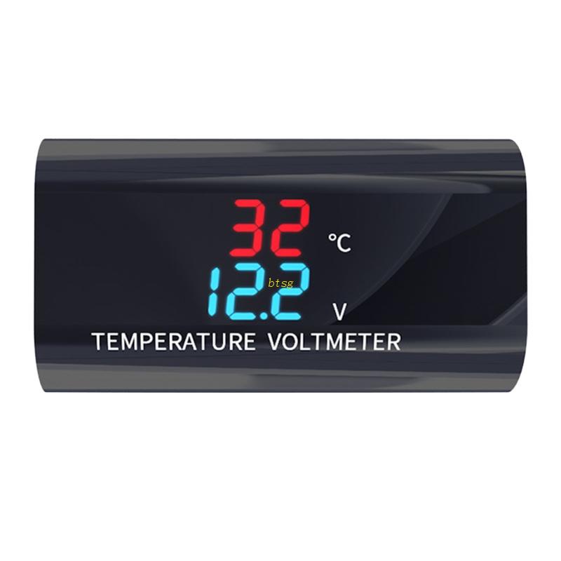 Btsg 2in1 Mobil Motor Anti Air Untuk DC 12V Voltmeter 0.28 inch Dual Displa Pengukur Suhu Tegangan Monito