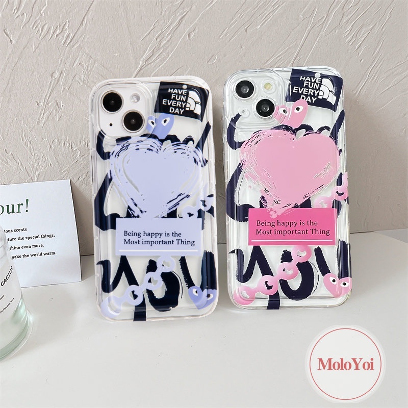 IPHONE Casing Ponsel Cinta Hati Graffiti Kartun Kompatibel Untuk Iphone11 13 14 12 Pro MAX XR 7Plus X XS MAX 6 7 8 6S Plus SE 2020 Airbag Shockproof Soft TPU Cover