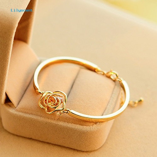 Lilyscent Wanita Emas Bunga Kristal Rose Bangle Cuff Rantai Gelang Chic Perhiasan Hadir