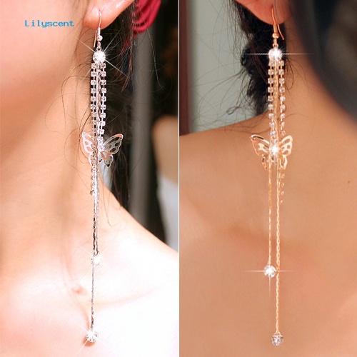 Lilyscent Wanita Berongga Kupu-Kupu Berlian Imitasi Panjang Jumbai Rantai Kait Menjuntai Linear Earrings