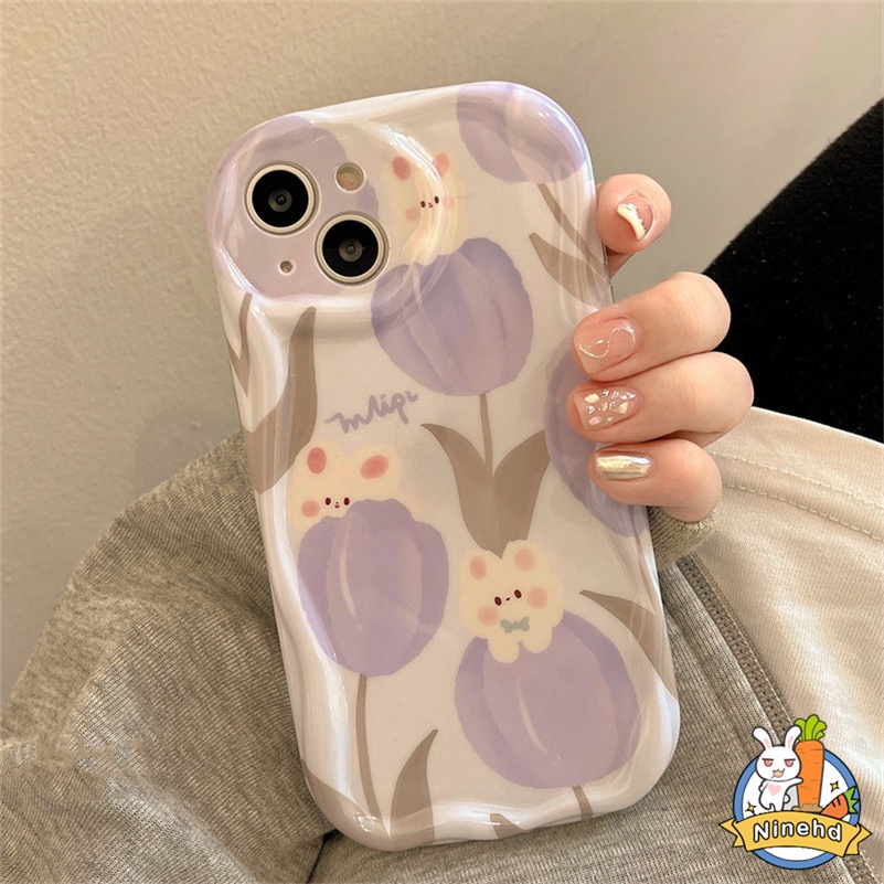 IPHONE Casing Kompatibel Untuk Iphone14 13 12 11 Pro Max X Xr Xs Max8 7 6 6s Plus SE 2020 Baru Ungu Tulip Kelinci Gentle Style Phone Case Casing Anti Jatuh Airbag Soft Case Cover Pelindung