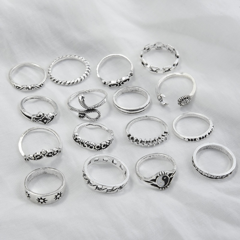 [Unggulan] Geometris Berlubang-out Wanita Set circlet Retro 16-piece ring Set Jari Cincin Kepribadian Retro Trend Hoop Set Knuckle Stacking Rings Untuk Wanita