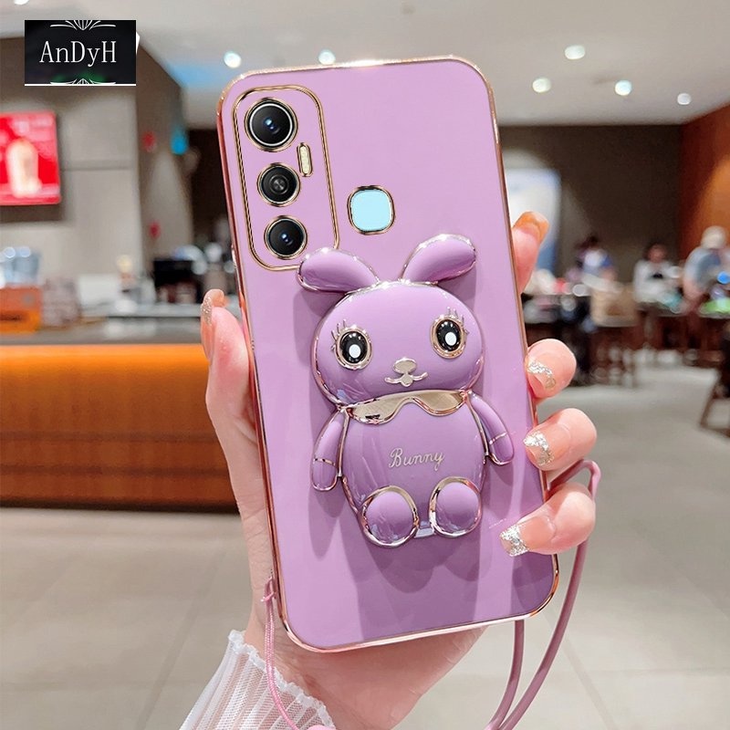 Andyh Case Ponsel Untuk Infinix Hot11Lucu Kartun Kelinci Kecil Tepi Lurus Shell Lembut Mengirim lanyard Silikon