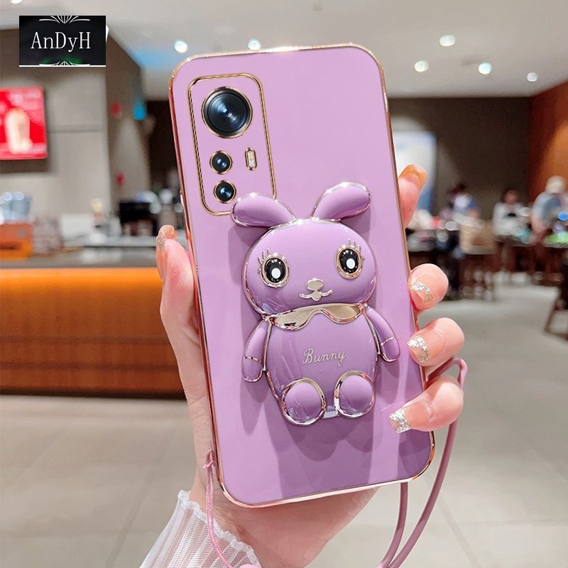 Andyh Case Ponsel Untuk Xiaomi 12x12 Lite Lucu Kartun Kelinci Kecil Tepi Lurus Shell Lembut Mengirim lanyard Silikon