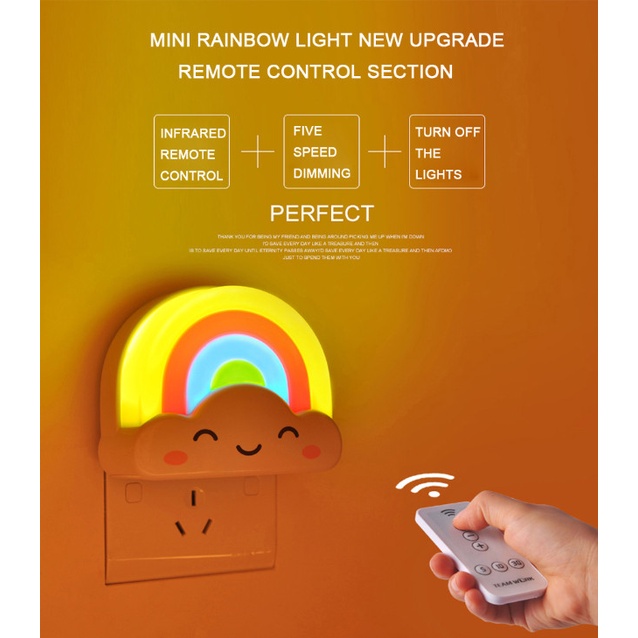 Lampu LED Tidur Malam Anak Hiasan Pelangi Sensor Cahaya Remote Control