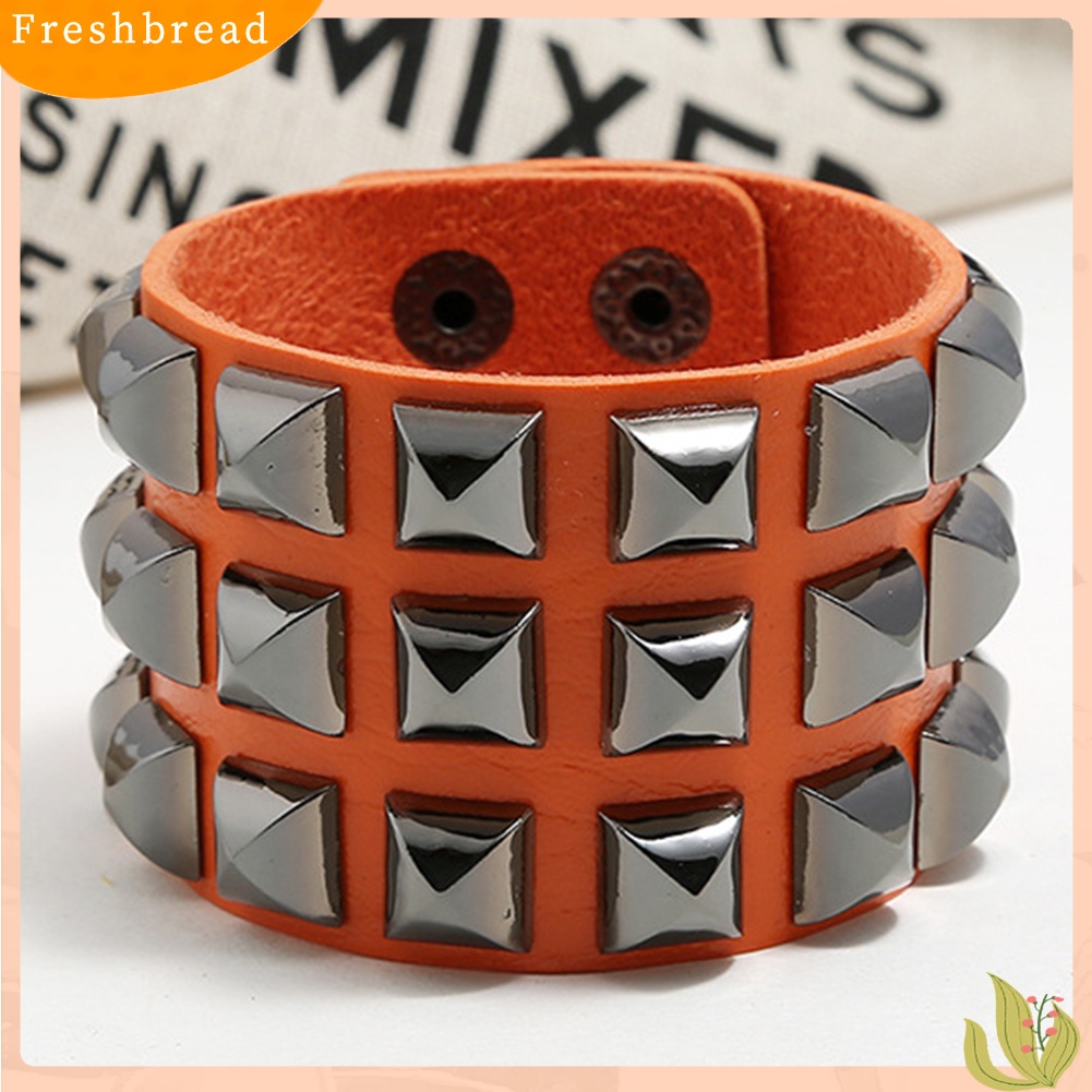 &lt; Freshbread &gt; Punk Pria Wanita Club Square Rivet Studded Wide Cuff Faux Leather Bangle Bracelet