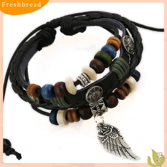 &lt; Freshbread &gt; Unisex Vintage Multilayer Faux Leather Wing Charm Wooden Beads Gelang Bangle