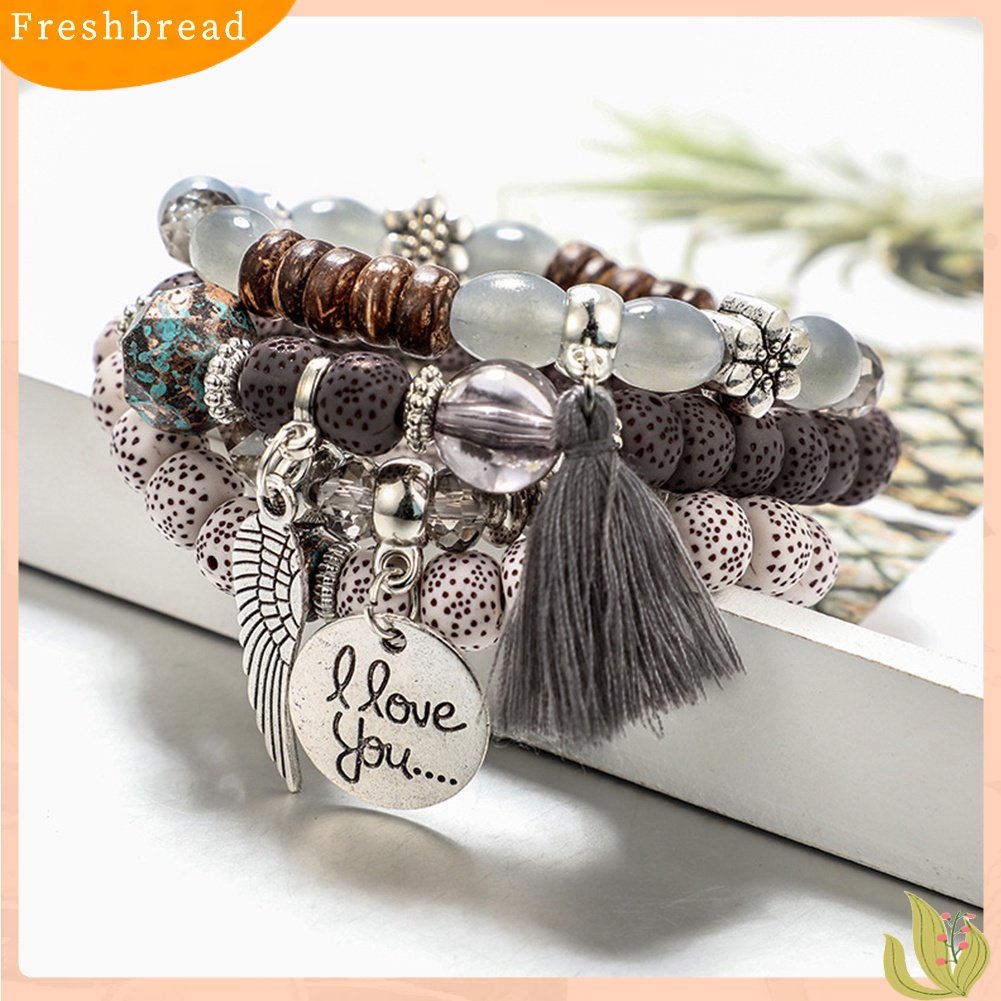 &lt; Freshbread &gt; 4Pcs/Set Gaya Bohemian Huruf Jumbai Bunga Manik-Manik Liontin Wanita Perhiasan